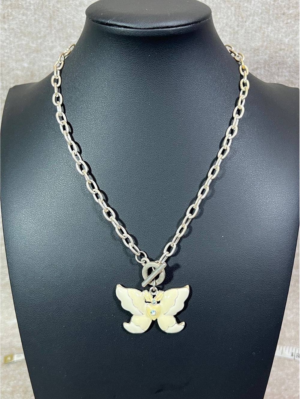 Silver Tone Butterfly Necklace White Enamel Rhinestone Pendant Toggle Clasp